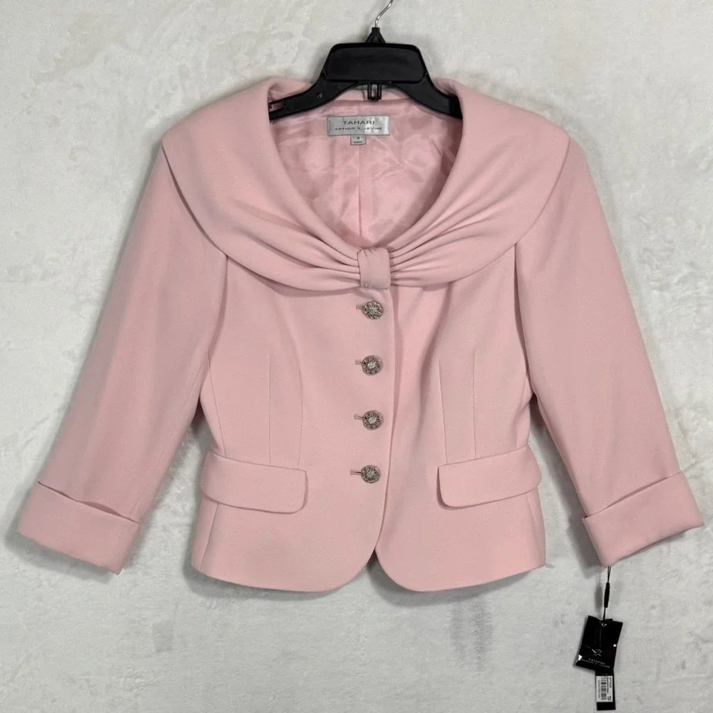 NWT Tahari ASL Pink Skirt Suit Size 6 4 Bow Collar Jacket Spring Pastel 2 Pc Set - Picture 8 of 16